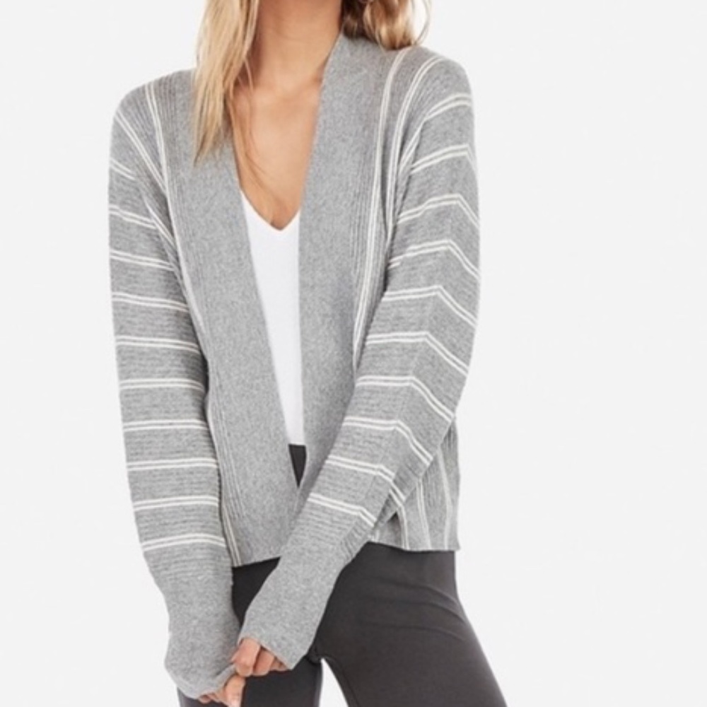 Express Light Gray Ribbed Sweater Cardigan with White Vertical Stripes in XL